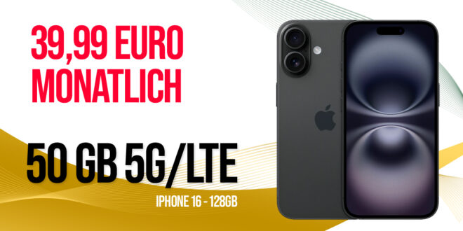 Apple iPhone 16 für einmalig 279,95 Euro mit 50GB 5GLTE und 200€ Rufnummernmitnahme-Bonus nur 39,99 Euro monatlich