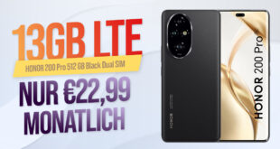 Honor 200 Pro -512GB- für einmalig 159 Euro mit 13GB LTE und 30€ Wechselbonus bei Rufnummermitnahme für 22,99 Euro monatlich