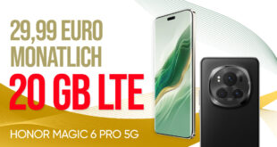 Honor Magic 6 Pro 5G für einmalig 29 Euro mit 20GB LTE und 50 Euro Wechselbonus bei Rufnummermitnahme nur 29,99 Euro monatlich