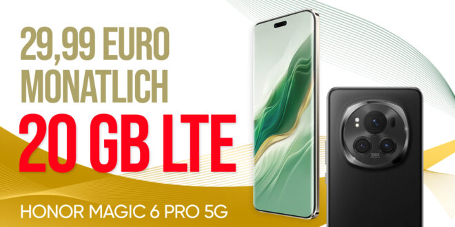 Honor Magic 6 Pro 5G für einmalig 29 Euro mit 20GB LTE und 50 Euro Wechselbonus bei Rufnummermitnahme nur 29,99 Euro monatlich