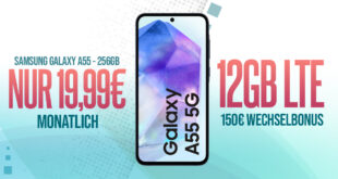 Samsung Galaxy A55 -256GB- für einmalig 69 Euro mit 12GB LTE und 150 Euro Bonus bei Rufnummermitnahme nur 19,99 Euro monatlich