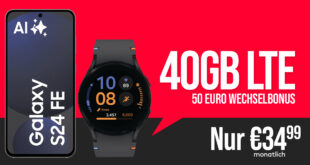 Samsung Galaxy S24 FE & Galaxy Watch FE mit 40GB LTE und 50 Euro Wechselbonus bei Rufnummermitnahme nur 34,99 Euro monatlich