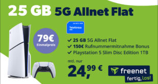 Sony Playstation 5 PS5 für einmalig 79 Euro mit Allnet Flat 25GB 5GLTE und 150€ Bonus für Rufnummermitnahme nur 24,99 Euro monatlich