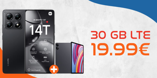 Xiaomi 14T -256GB- & Redmi Pad Pro Tablet für einmalig 99,99 Euro mit 30GB LTE nur 19,99 Euro monatlich - kein Anschlusspreis