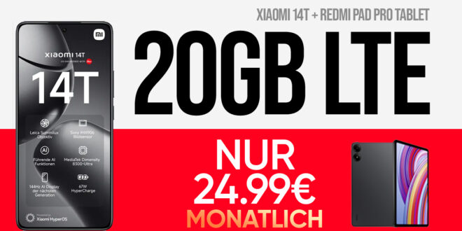 Xiaomi 14T -512GB- & Redmi Pad Pro für einmalig 79 Euro mit 20GB LTE und 50€ Wechselbonus bei Rufnummermitnahme nur 24,99 Euro monatlich