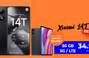 Xiaomi 14T Pro -1TB- & Redmi Pad Pro für einmalig 49,95 Euro mit 50GB 5GLTE nur 34,99 Euro monatlich