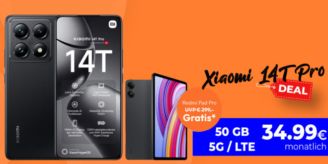 Xiaomi 14T Pro -1TB- & Redmi Pad Pro für einmalig 49,95 Euro mit 50GB 5GLTE nur 34,99 Euro monatlich