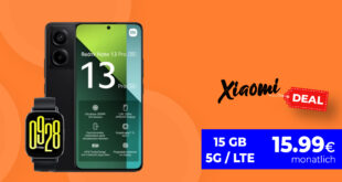 Xiaomi Redmi Note 13 Pro 5G & Redmi Watch 5 Active mit 15GB 5G/LTE nur 15,99 Euro monatlich- 25GB nur 16,99 Euro – nur 1 Euro Zuzahlung und kein Anschlusspreis