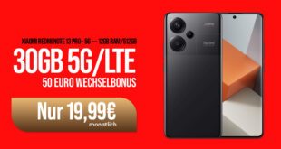 Xiaomi Redmi Note 13 Pro+ 5G 12GB512GB mit 30GB 5GLTE und 50 Euro Wechselbonus bei Rufnummermitnahme nur 19,99 Euro monatlich