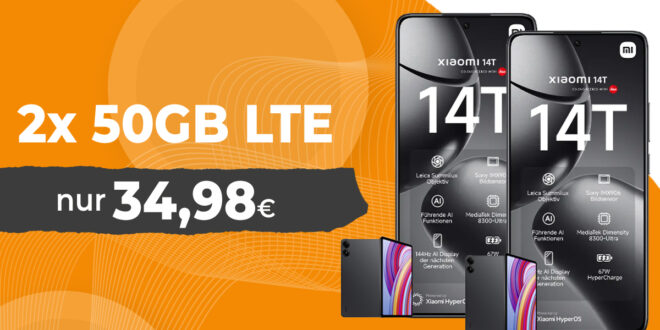 2x Xiaomi 14T -512GB- & 2x Redmi Pad Pro für einmalig 199 Euro mit 2x 50GB 5GLTE nur 34,98 Euro monatlich