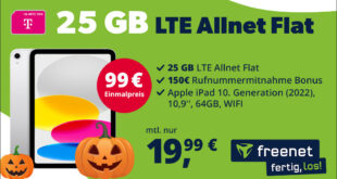 Apple iPad für einmalig 99 Euro mit 25GB LTE und 150 Euro Wechselbonus bei Rufnummernmitnahme nur 19.99 Euro monatlich