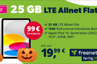 Apple iPad für einmalig 99 Euro mit 25GB LTE und 150 Euro Wechselbonus bei Rufnummernmitnahme nur 19.99 Euro monatlich