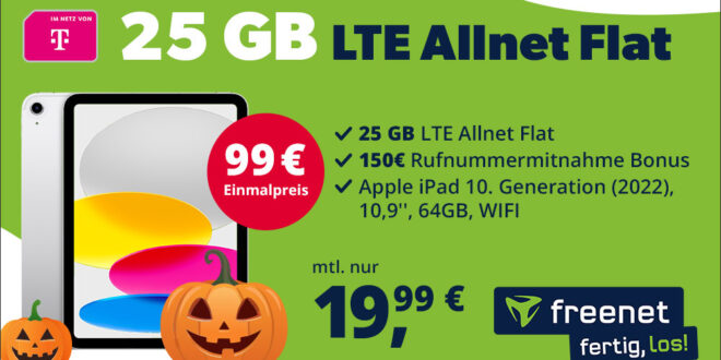 Apple iPad für einmalig 99 Euro mit 25GB LTE und 150 Euro Wechselbonus bei Rufnummernmitnahme nur 19.99 Euro monatlich