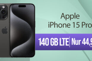 Apple iPhone 15 Pro für einmalig 129 Euro mit 140GB 5GLTE und 150 Euro Wechselbonus bei Rufnummernmitnahme nur 44,99 Euro monatlich