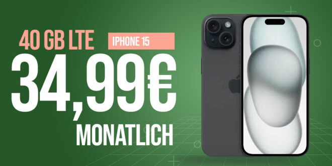 Apple iPhone 15 für einmalig 99 Euro mit 40GB LTE und 50 Euro Wechselbonus bei Rufnummernmitnahme nur 34,99 Euro monatlich