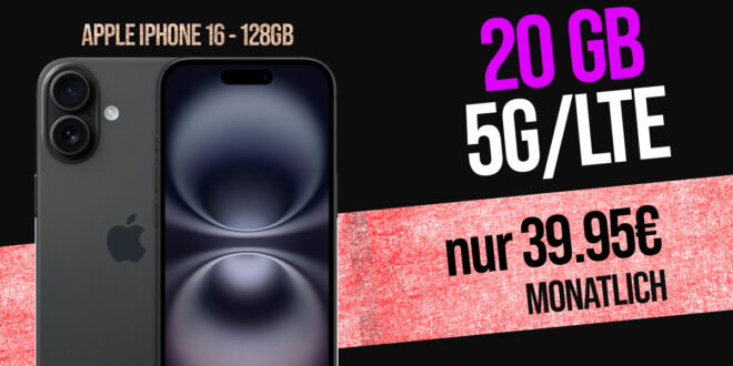 Apple iPhone 16 für einmalig 249,95 Euro (+AG 39,95€) mit 20 GB 5GLTE nur 39,95 Euro monatlich - mit MagentaEINS nur 34,95 Euro monatlich