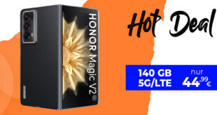 HONOR Magic V2 mit 140GB 5GLTE und 150 Euro Wechselbonus bei Rufnummernmitnahme nur 44,99 Euro monatlich