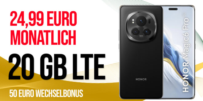 Honor Magic 6 Pro für einmalig 99 Euro mit 20GB LTE und 50 Euro Wechselbonus bei Rufnummermitnahme nur 24,99 Euro monatlich