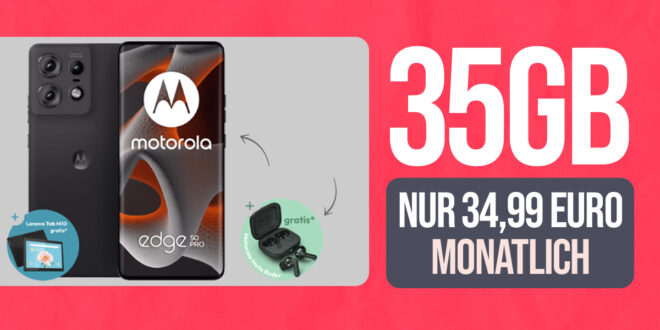 Motorola edge 50 Pro & Lenovo Tab M10 & Motorola Moto Buds+ für einmalig 9.95 Euro (+AG 39.99€) mit 35GB 5GLTE und 200 Euro Wechselbonus bei Rufnummernmitnahme nur 34.99 Euro monatlich