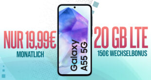 Samsung Galaxy A55 -256GB- mit 20GB LTE und 150€ Bonus bei Rufnummernmitnahme nur 19,99 Euro monatlich