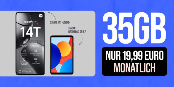 Xiaomi 14T -512GB- für einmalig 49 Euro (+AG 39.99€) und Xiaomi Redmi Pad SE 8.7 mit 35GB LTE nur 19.99 Euro monatlich