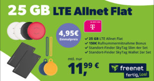 Telekom Allnet Flat 25GB LTE und 6 SkyTags & 150 Euro Bonus bei Rufnummernmitnahme nur 11,99 Euro monatlich