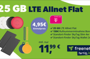 Telekom Allnet Flat 25GB LTE und 6 SkyTags & 150 Euro Bonus bei Rufnummernmitnahme nur 11,99 Euro monatlich