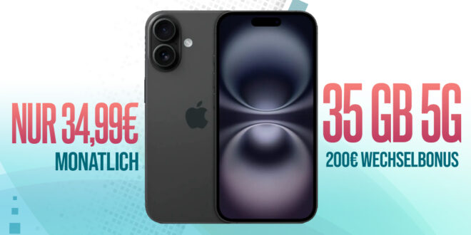 Apple iPhone 16 -128GB- für einmalig 279 Euro (+AG 39.99€) mit 35GB 5GLTE und 200 Euro Wechselbonus bei Rufnummernmitnahme nur 34.99 Euro monatlich