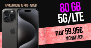 Apple iPhone 16 Pro für einmalig 199 Euro (+AG 39.99€) mit 80GB 5GLTE und 50 Euro Wechselbonus bei Rufnummernmitnahme nur 59.95 Euro monatlich