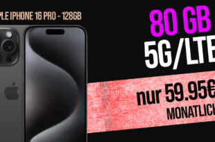 Apple iPhone 16 Pro für einmalig 199 Euro (+AG 39.99€) mit 80GB 5GLTE und 50 Euro Wechselbonus bei Rufnummernmitnahme nur 59.95 Euro monatlich