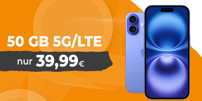 Apple iPhone 16 für einmalig 179 Euro mit 50GB 5GLTE (+ 999GB Datendepot) und 200€ Wechselbonus bei Mitnahme der alten Rufnummer nur 39.99 Euro monatlich