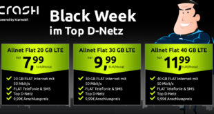 Black Week 2024 bei crash-tarife.de - 20GB LTE nur 7.99€ - 30GB LTE nur 9.99€ und 40GB LTE nur 11.99€ monatlich - Anschlusspreis 9.99 Euro