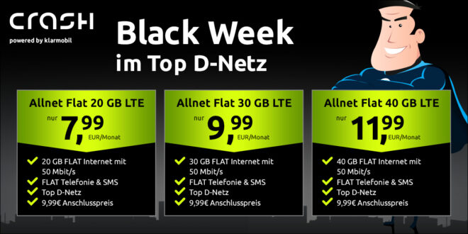 Black Week 2024 bei crash-tarife.de - 20GB LTE nur 7.99€ - 30GB LTE nur 9.99€ und 40GB LTE nur 11.99€ monatlich - Anschlusspreis 9.99 Euro