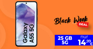 Black Week Deal - Samsung Galaxy A55 -256GB- für einmalig 29 Euro (+AG 39.99€) mit 25GB 5G nur 14.99 Euro monatlich