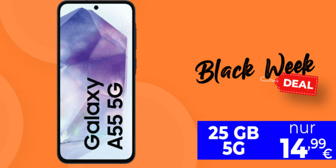 Black Week Deal - Samsung Galaxy A55 -256GB- für einmalig 29 Euro (+AG 39.99€) mit 25GB 5G nur 14.99 Euro monatlich