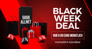 Black Week Deals - monatlich kündbar - 50GB nur 9.99 Euro - 140GB nur 16.99 Euro - 280GB nur 19.99 Euro monatlich - Anschlusspreis 19.99€