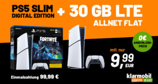 Sony Playstation 5 PS5® Slim Fortnite® Cobalt Star Bundle für einmalig 99.99 Euro mit 30GB LTE nur 9.99 Euro monatlich - als Tarif-Bundle günstiger gegenüber Kauf