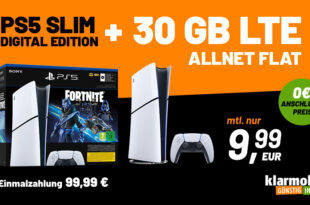 Sony Playstation 5 PS5® Slim Fortnite® Cobalt Star Bundle für einmalig 99.99 Euro mit 30GB LTE nur 9.99 Euro monatlich - als Tarif-Bundle günstiger gegenüber Kauf