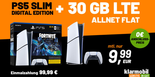 Sony Playstation 5 PS5® Slim Fortnite® Cobalt Star Bundle für einmalig 99.99 Euro mit 30GB LTE nur 9.99 Euro monatlich - als Tarif-Bundle günstiger gegenüber Kauf