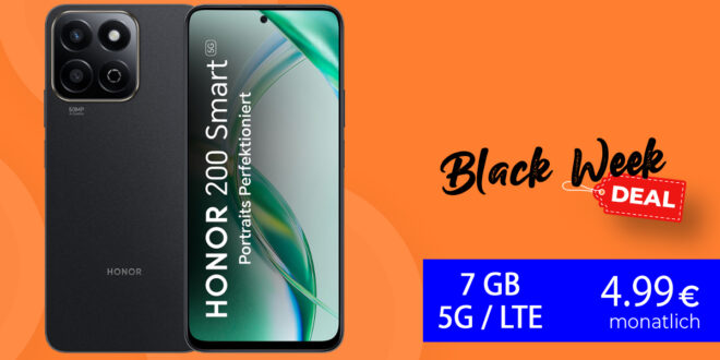 Honor 200 Smart -256GB- für einmalig 41.98 Euro mit 7GB 5GLTE nur 4.99 Euro monatlich