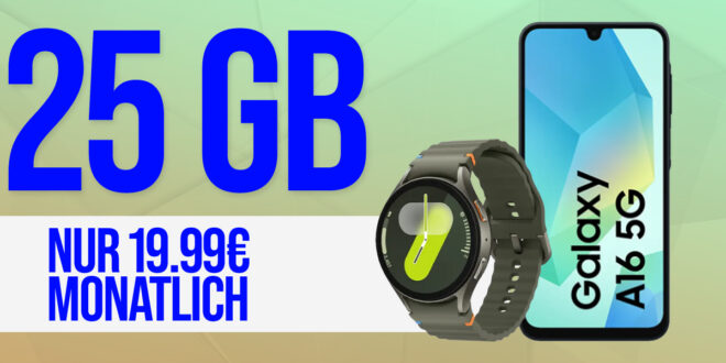 Samsung Galaxy A16 & Samsung Galaxy Watch7 für einmalig 99 Euro (+AG 29.99€) mit 25GB und 30 Euro Wechselbonus bei Rufnummernmitnahme nur 19.99 Euro monatlich