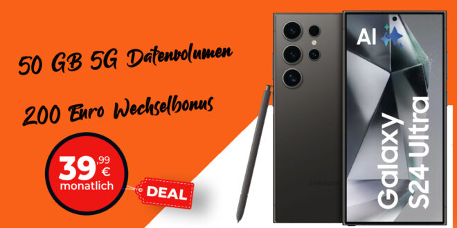 Samsung Galaxy S24 Ultra für einmalig 139 Euro (+AG 39.99€) mit 50GB 5G und 200 Euro Wechselbonus bei Rufnummernmitnahme nur 39.99 Euro monatlich