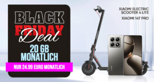 Black Friday Deal – Xiaomi 14T Pro & Xiaomi Electric Scooter 4 Lite für einmalig 1 Euro (+AG 19.99€) mit 20GB und 50 Euro Wechselbonus bei Rufnummernmitnahme nur 24.99 Euro monatlich