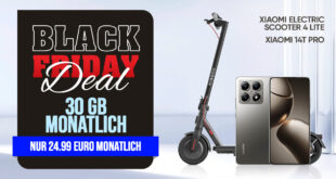 Black Friday Deal – Xiaomi 14T Pro & Xiaomi Electric Scooter 4 Lite für einmalig 1 Euro (+AG 39.99€) mit 30GB nur 24.99 Euro monatlich