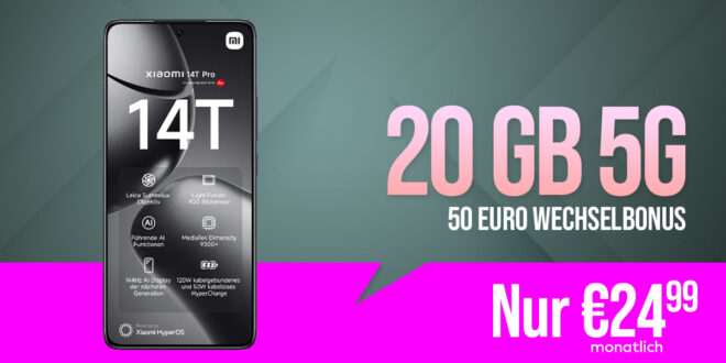 Xiaomi 14T Pro -512GB- für einmalig 29 Euro mit 20GB 5G und 50 Euro Wechselbonus bei Rufnummernmitnahme nur 24.99 Euro monatlich