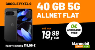 Google Pixel 9 für einmalig 119.99 Euro (oder mit Trade-In nur 19.99€) mit 40GB 5G nur 19.99 Euro monatlich - kein Anschlusspreis