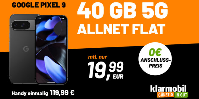 Google Pixel 9 für einmalig 119.99 Euro (oder mit Trade-In nur 19.99€) mit 40GB 5G nur 19.99 Euro monatlich - kein Anschlusspreis