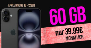 Apple iPhone 16 für einmalig 149 Euro mit 60GB 5G und 150 Euro Wechselbonus bei Rufnummernmitnahme nur 39.99 Euro monatlich