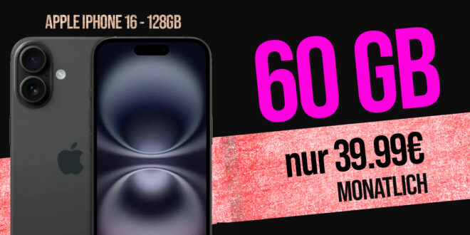 Apple iPhone 16 für einmalig 149 Euro mit 60GB 5G und 150 Euro Wechselbonus bei Rufnummernmitnahme nur 39.99 Euro monatlich