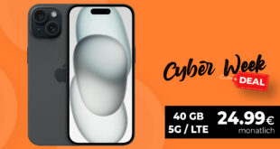 Cyber Week Deal – iPhone 15 für einmalig 99.99 Euro mit 40GB 5G nur 24.99 Euro monatlich – kein Anschlusspreis